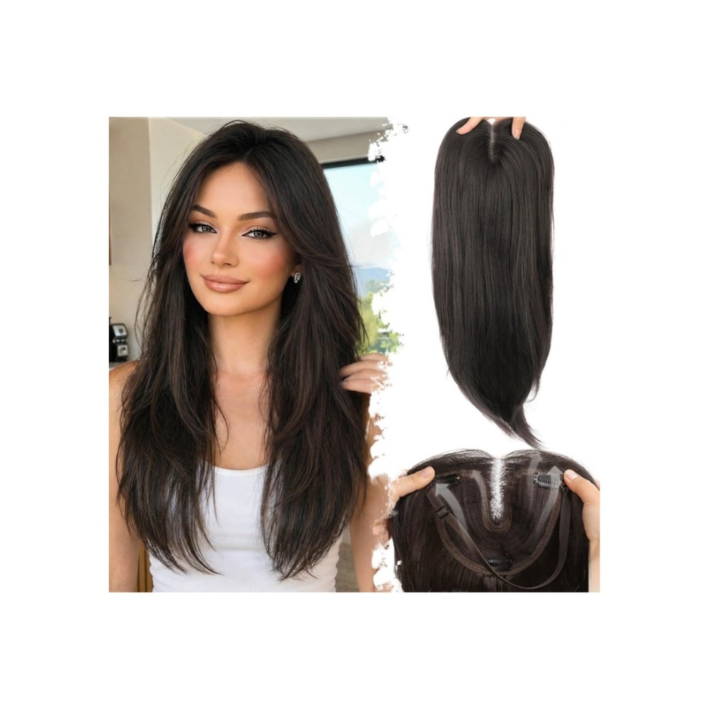 Dark Brown Synthetic Hair Topper 24 Inch Layered 5x6 Base Clip In Wispy Bangs